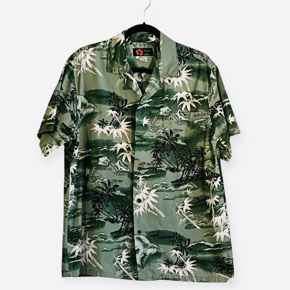 Ali’i Fashions Hawaii  Men’s Hawaiian Islands Camp Shirt  XL Green / Cotton